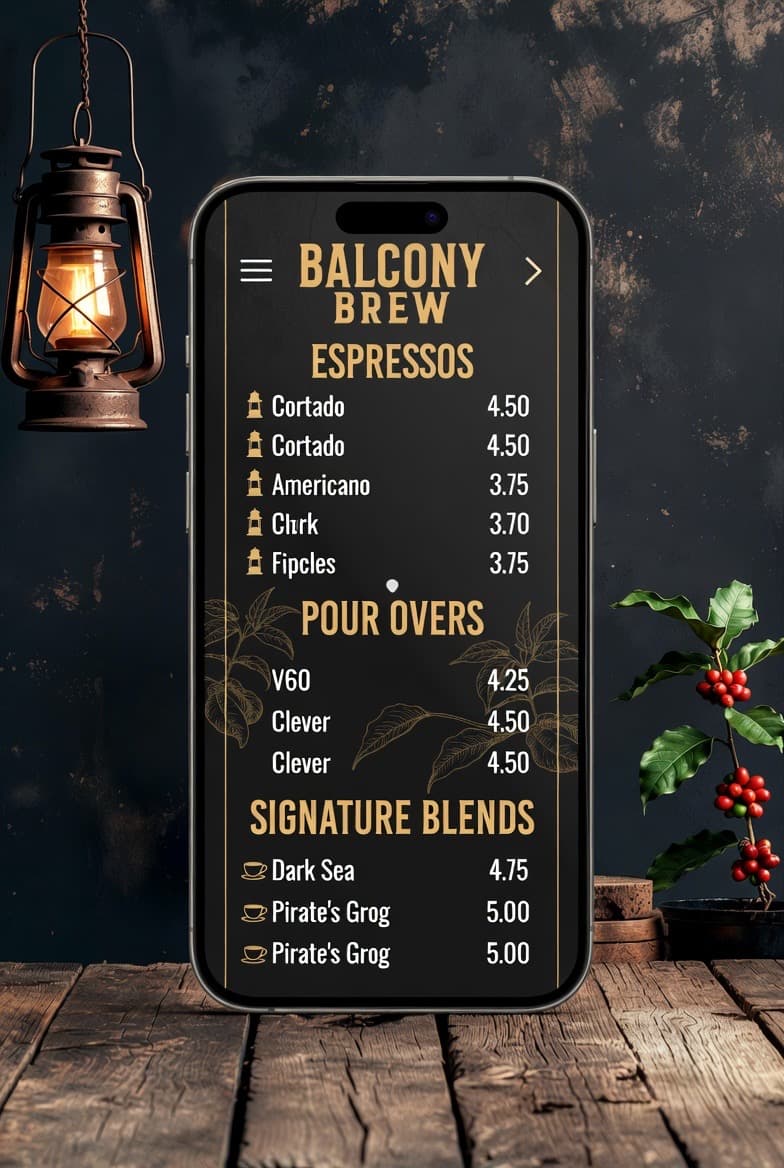 Balcony Brew mobile menu on a phone, alongside a brass lantern