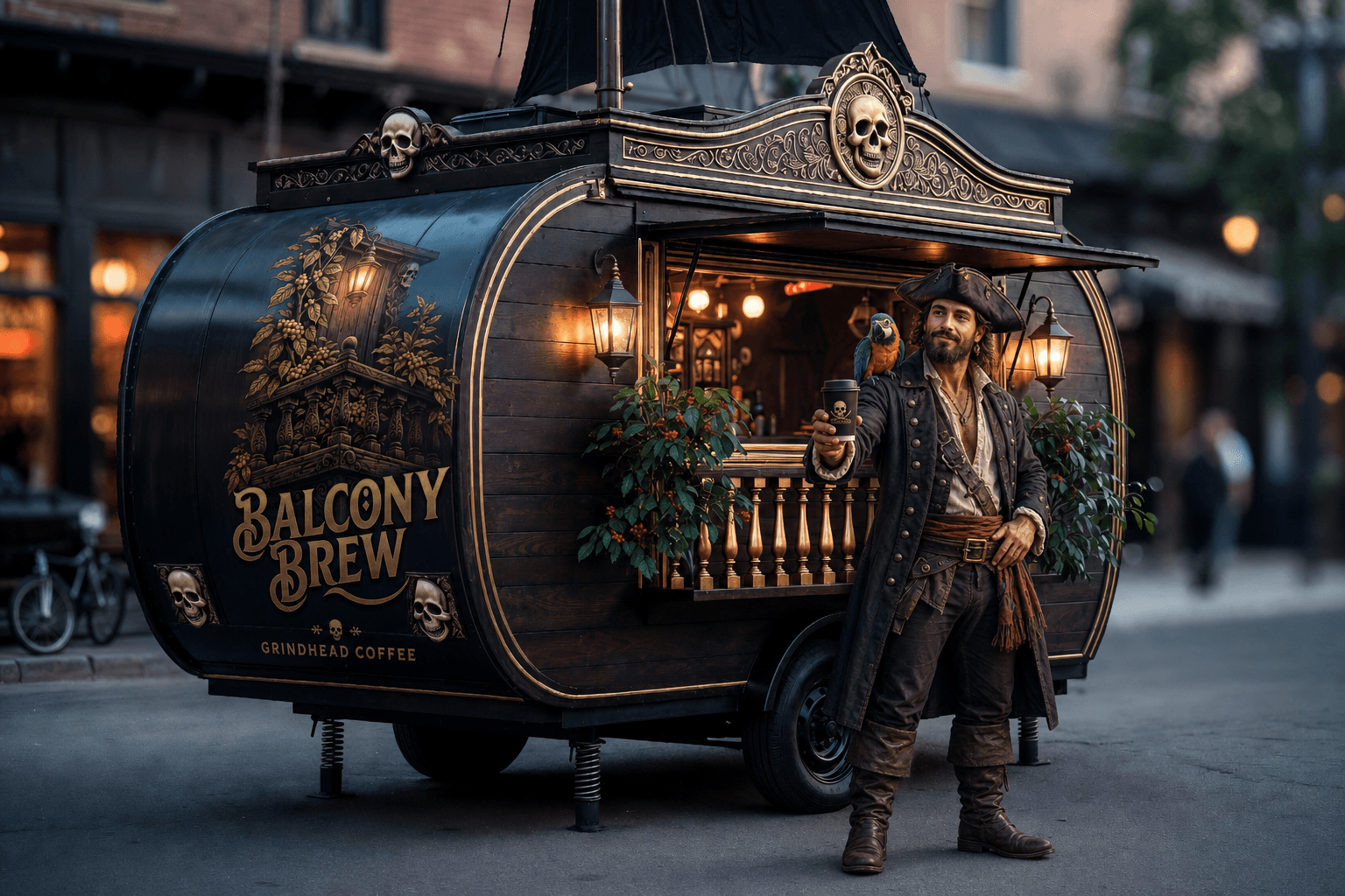 The Balcony Brew trailer at twilight